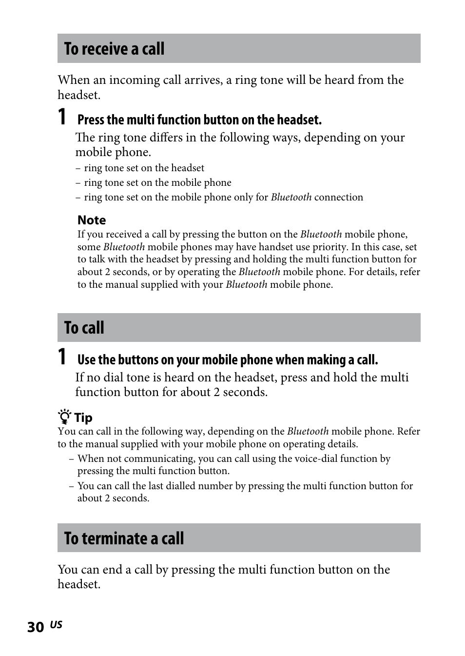 To receive a call, To call, To terminate a call | To receive a call to call to terminate a call | Sony DR BT160IK User Manual | Page 30 / 84