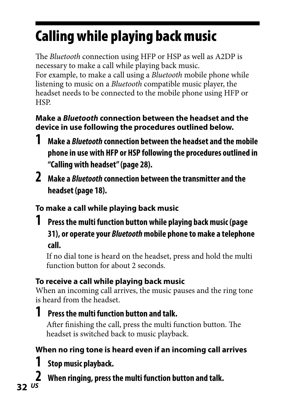 Calling while playing back music, Calling.while.playing.back, Music | Sony DR BT160IK User Manual | Page 32 / 84
