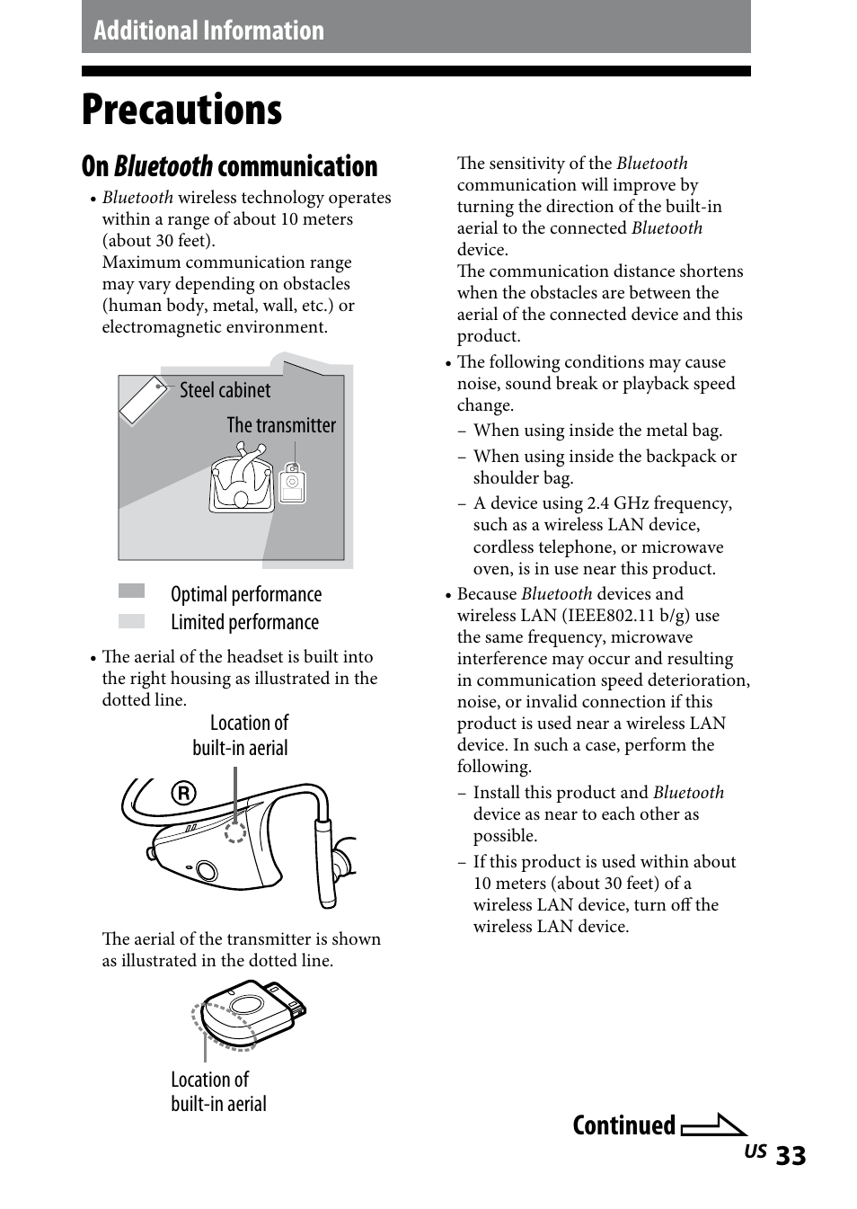 Additional information, Precautions, On bluetooth communication | Continued | Sony DR BT160IK User Manual | Page 33 / 84