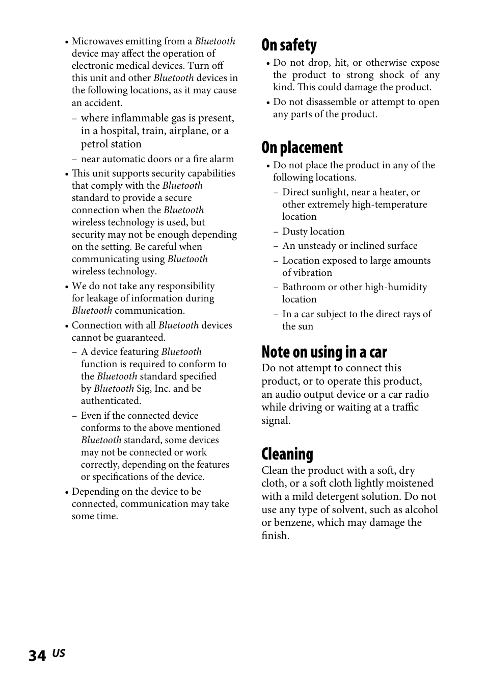 On safety, On placement, Cleaning | Sony DR BT160IK User Manual | Page 34 / 84