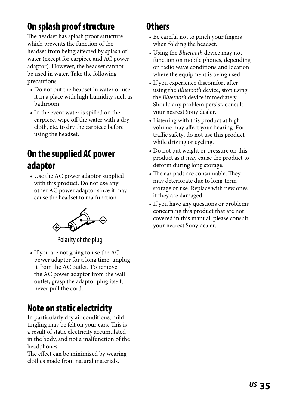 On splash proof structure, On the supplied ac power adaptor, Others | Sony DR BT160IK User Manual | Page 35 / 84