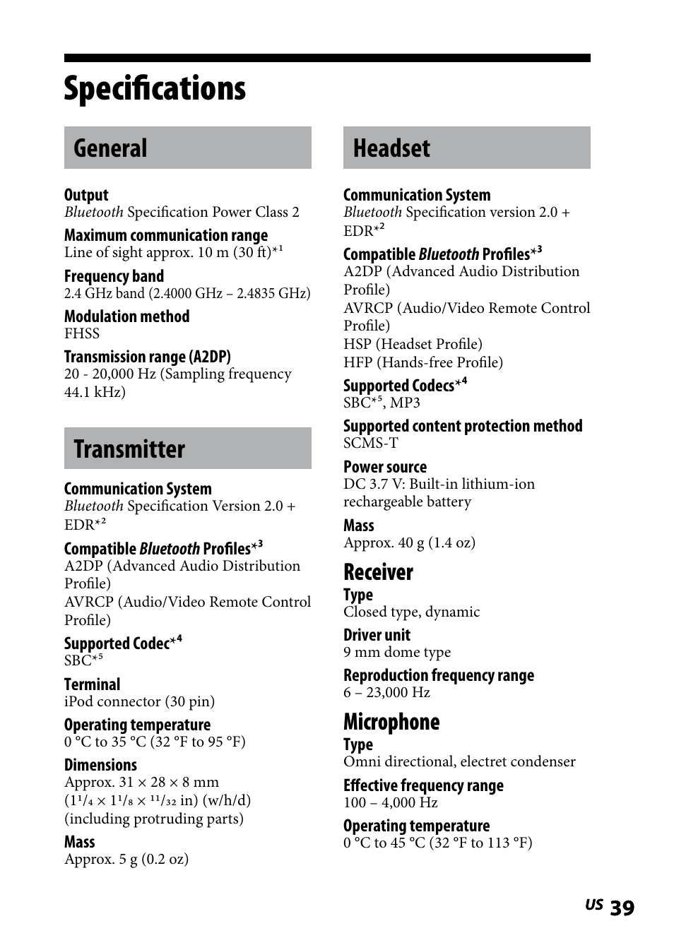 Specifications, General, Transmitter | Headset, General transmitter headset, Receiver, Microphone | Sony DR BT160IK User Manual | Page 39 / 84