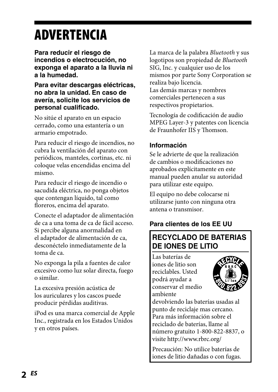Advertencia | Sony DR BT160IK User Manual | Page 42 / 84
