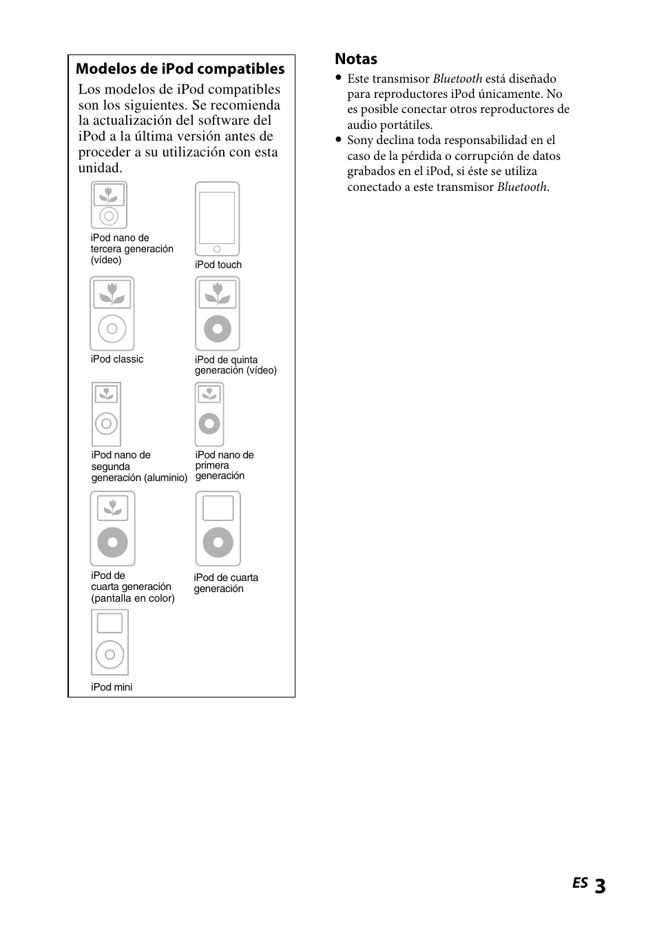 Notas, Modelos de ipod compatibles | Sony DR BT160IK User Manual | Page 43 / 84