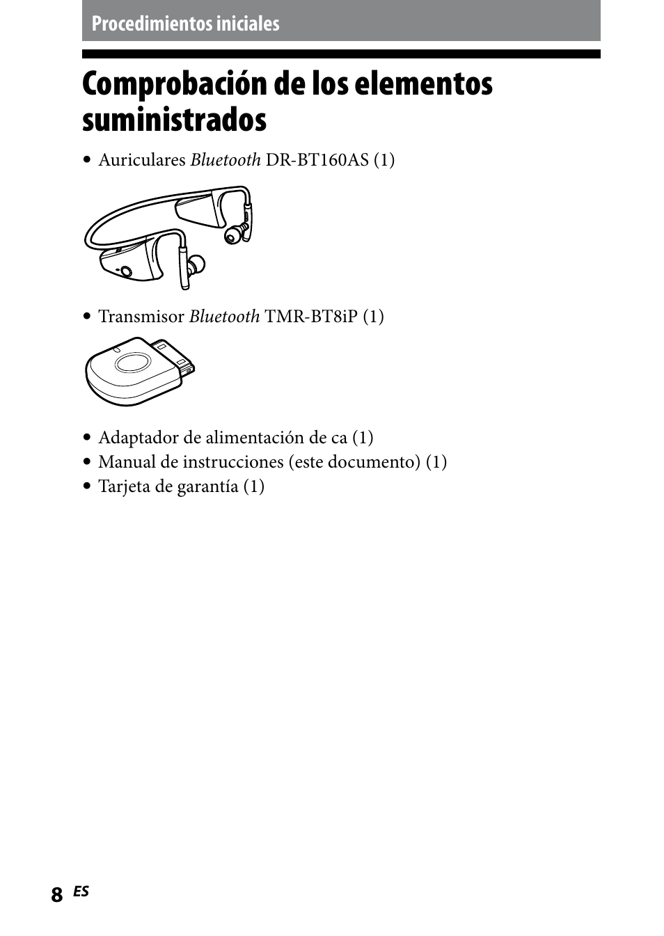 Procedimientos iniciales, Comprobación de los elementos suministrados, Comprobación.de.los.elementos | Suministrados | Sony DR BT160IK User Manual | Page 48 / 84