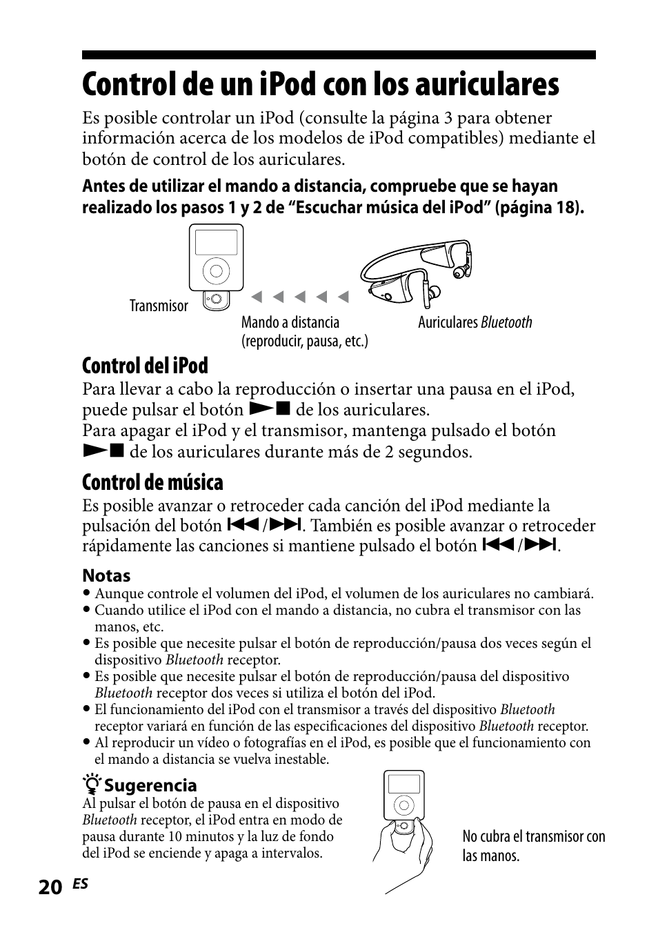 Control de un ipod con los auriculares, Control.de.un.ipod.con.los, Auriculares | Control del ipod, Control de música | Sony DR BT160IK User Manual | Page 60 / 84