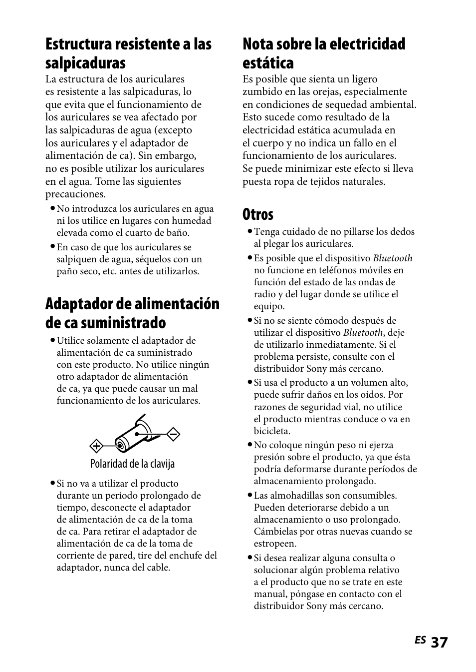 Estructura resistente a las salpicaduras, Adaptador de alimentación de ca suministrado, Nota sobre la electricidad estática | Otros | Sony DR BT160IK User Manual | Page 77 / 84