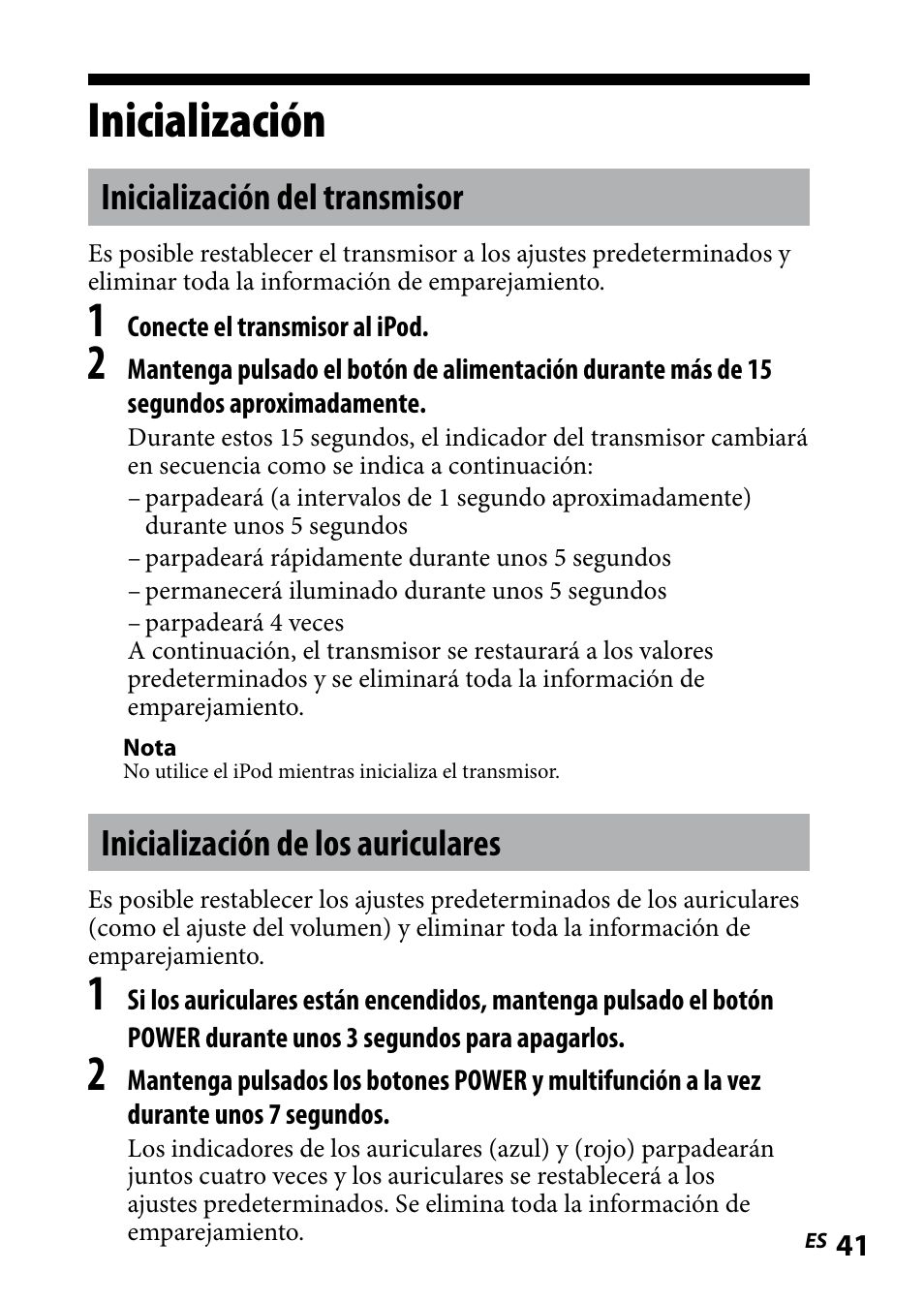 Inicialización, Inicialización del transmisor, Inicialización de los auriculares | Inicialización de los, Auriculares | Sony DR BT160IK User Manual | Page 81 / 84