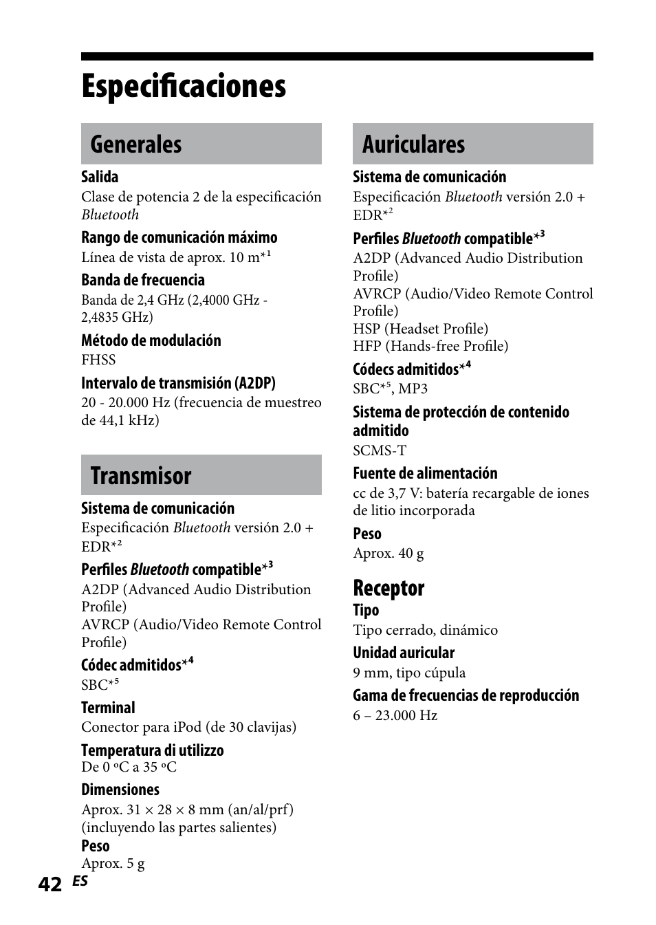 Especificaciones, Generales, Transmisor | Auriculares, Receptor | Sony DR BT160IK User Manual | Page 82 / 84