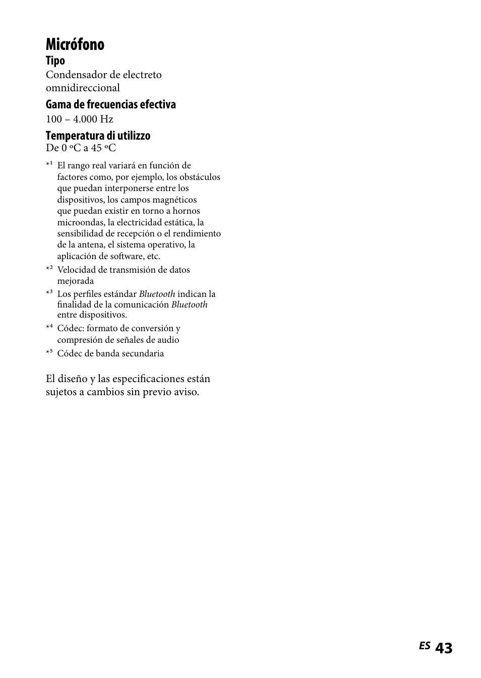 Micrófono, Tipo, Gama de frecuencias efectiva | Temperatura di utilizzo | Sony DR BT160IK User Manual | Page 83 / 84