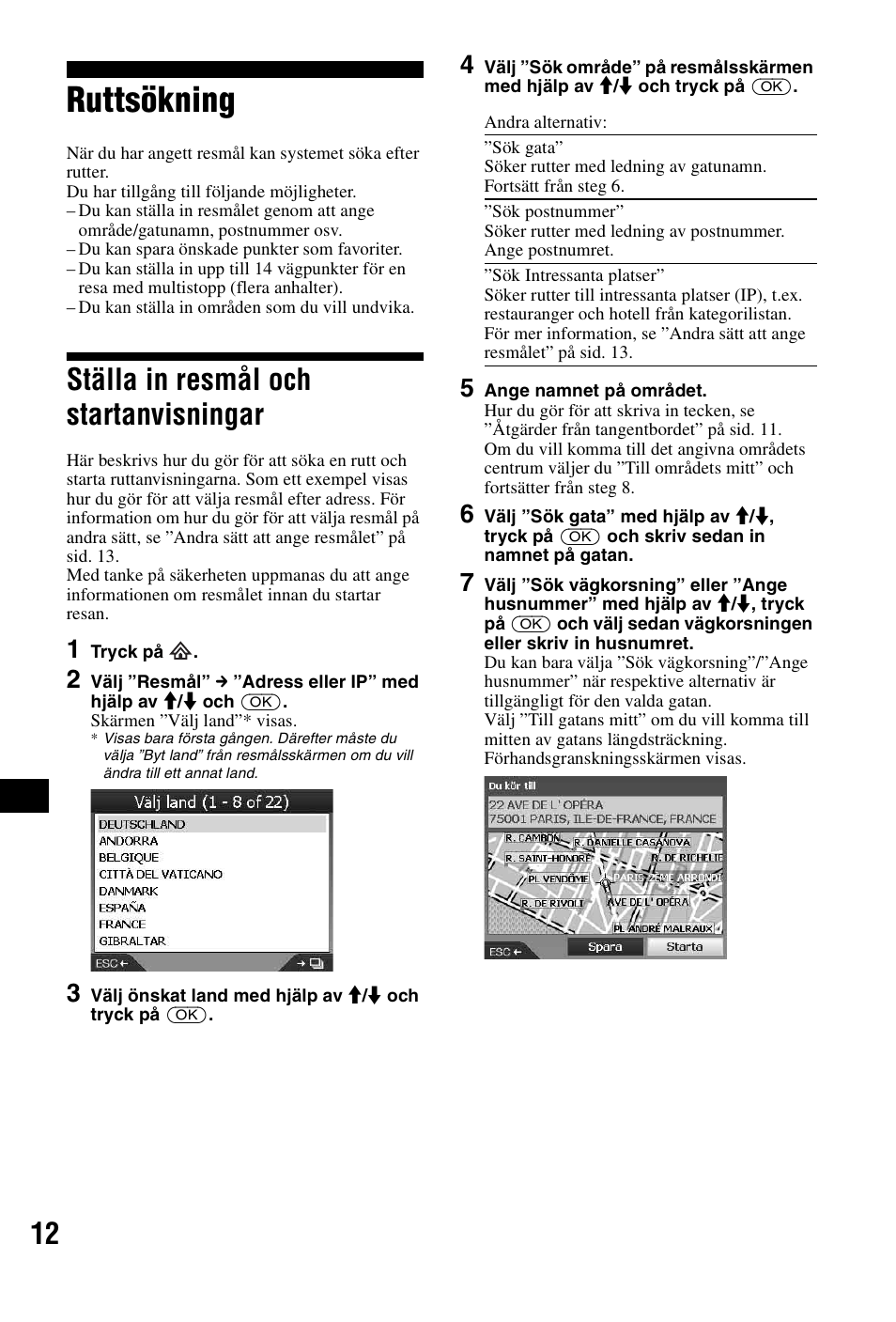Ruttsökning, Ställa in resmål och startanvisningar | Sony NVX-P1 User Manual | Page 164 / 204