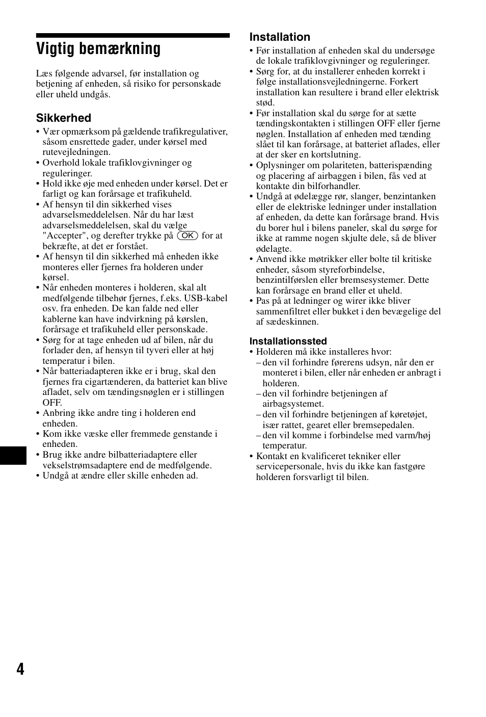 Vigtig bemærkning, 4vigtig bemærkning | Sony NVX-P1 User Manual | Page 180 / 204
