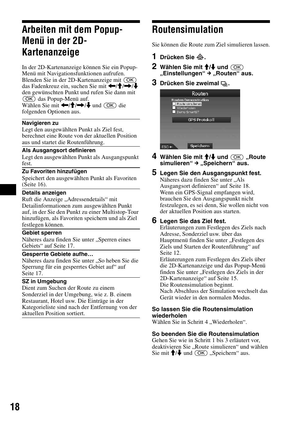 Routensimulation, Arbeiten mit dem popup-menü in der, 2d-kartenanzeige | Seite 18 | Sony NVX-P1 User Manual | Page 42 / 204