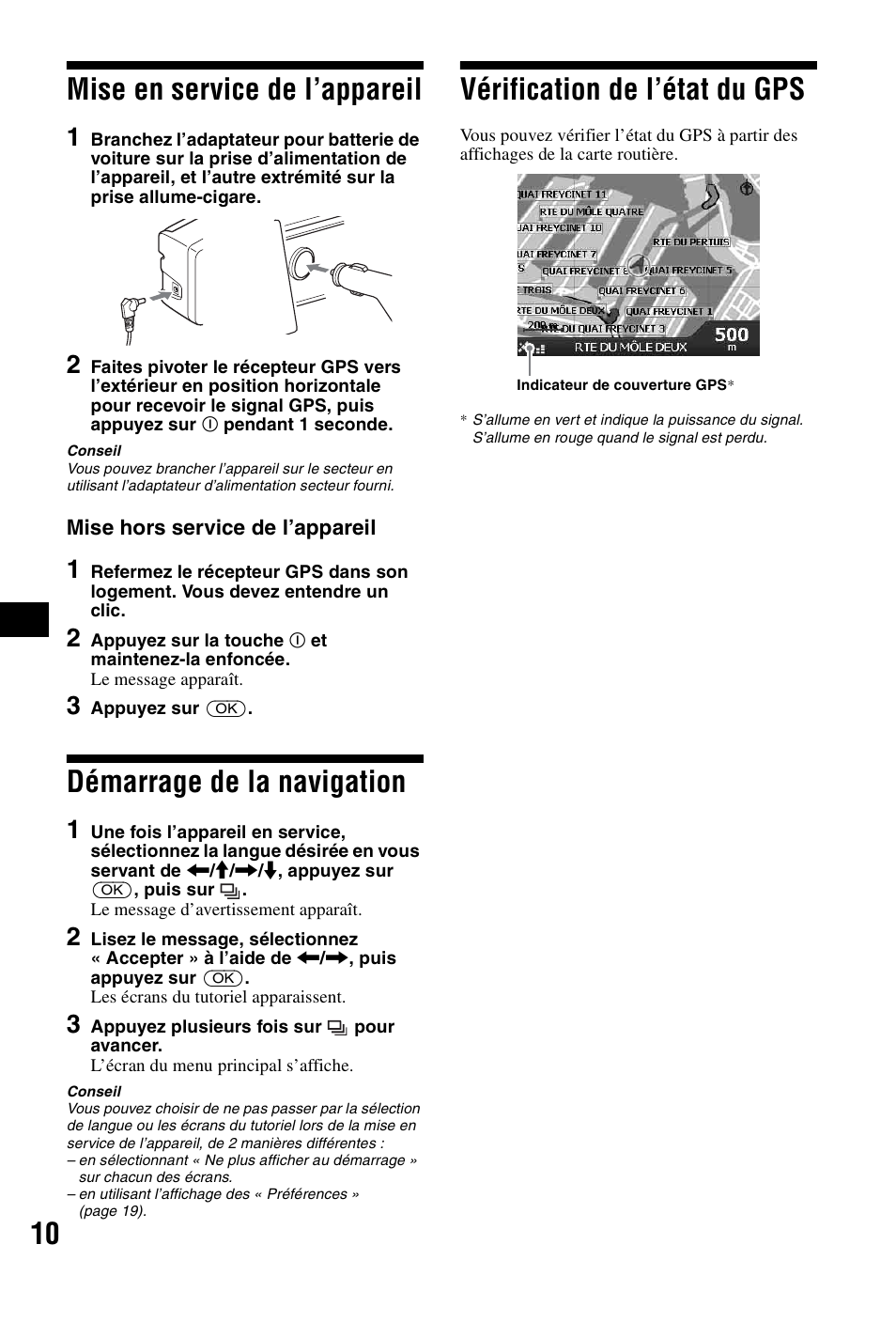 Mise en service de l’appareil, Démarrage de la navigation, Vérification de l’état du gps | 10 mise en service de l’appareil | Sony NVX-P1 User Manual | Page 60 / 204