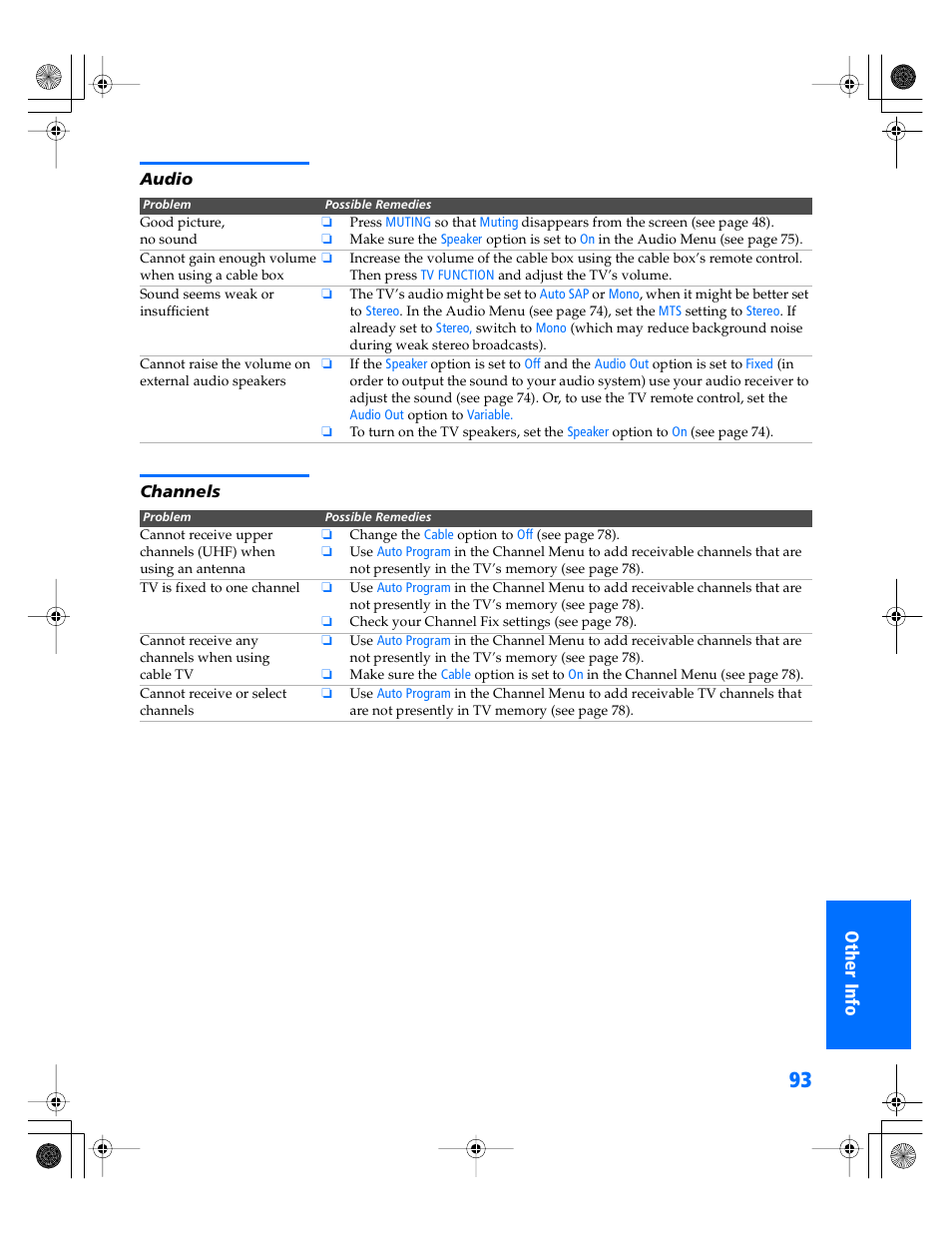 Audio, Channels | Sony KP- 57WV600 User Manual | Page 94 / 101