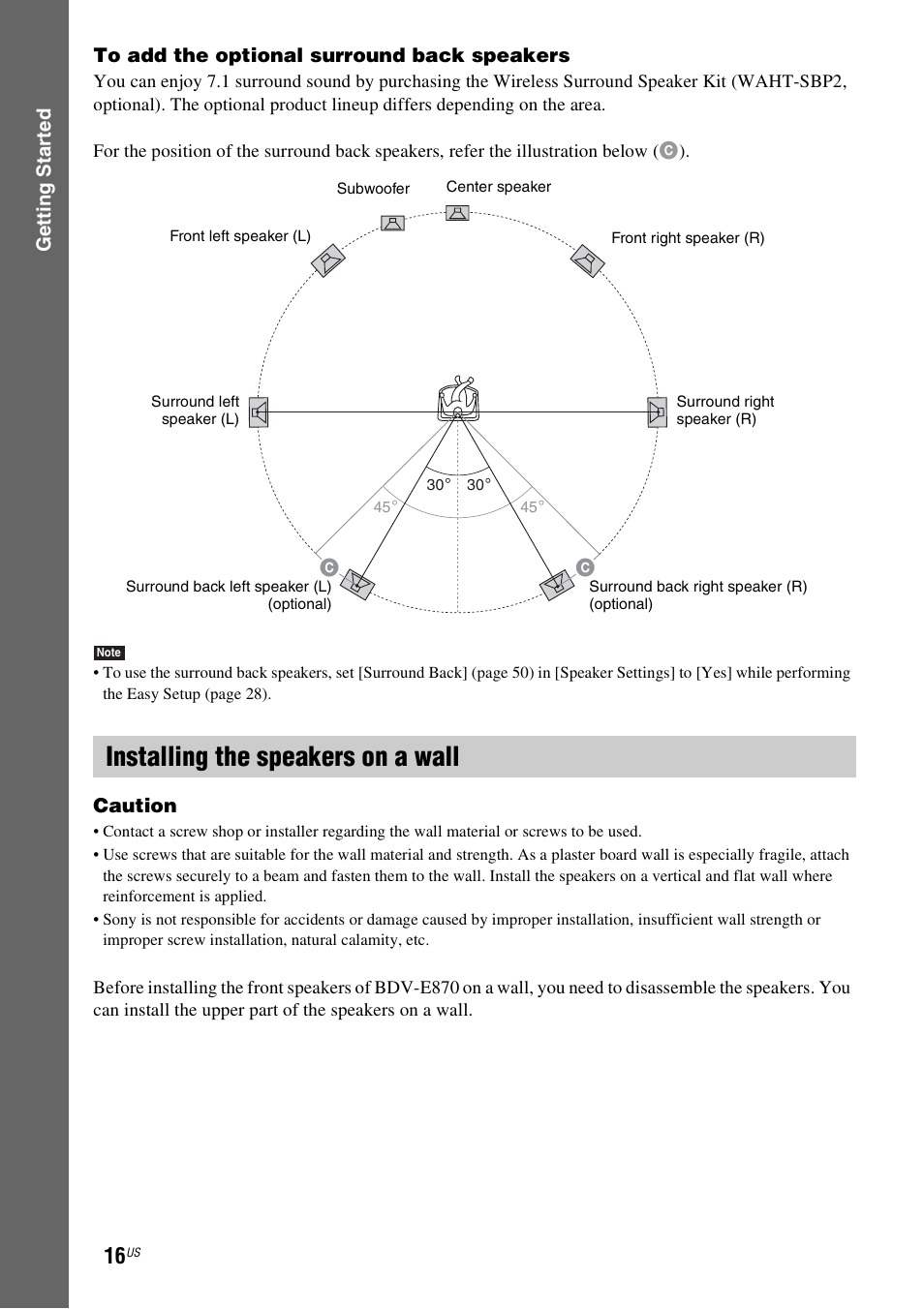 Installing the speakers on a wall | Sony 4-178-243-1 User Manual | Page 16 / 79