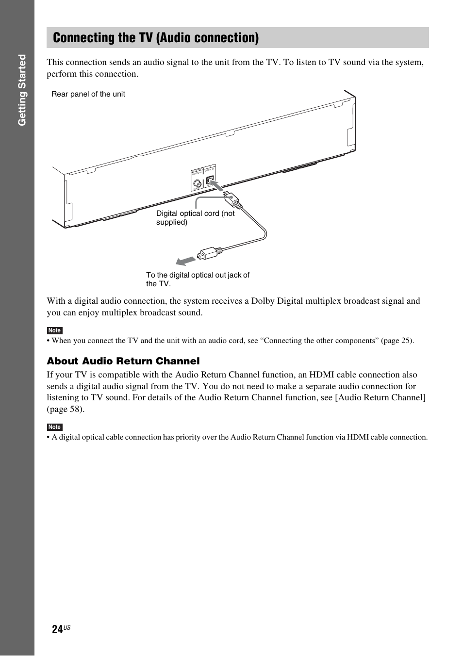 Connecting the tv (audio connection), Gettin g star ted, About audio return channel | Sony 4-178-243-1 User Manual | Page 24 / 79