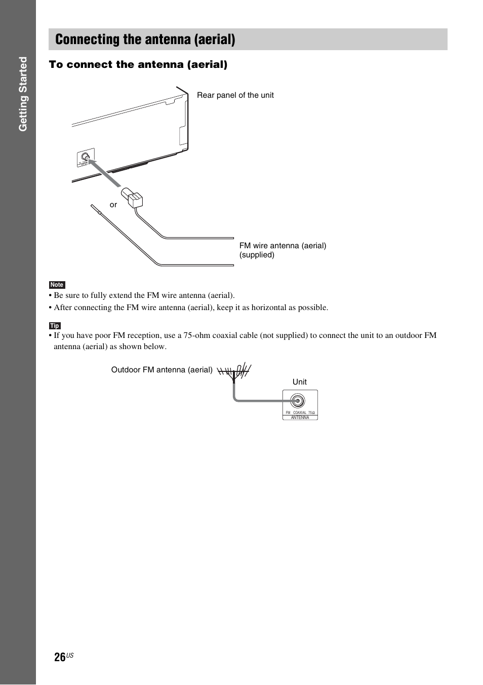 Connecting the antenna (aerial), E 26), Gettin g star ted to connect the antenna (aerial) | Sony 4-178-243-1 User Manual | Page 26 / 79