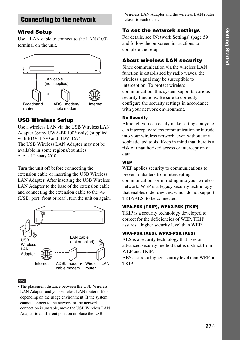 Connecting to the network, Ge tting star te d wired setup, Usb wireless setup | About wireless lan security | Sony 4-178-243-1 User Manual | Page 27 / 79