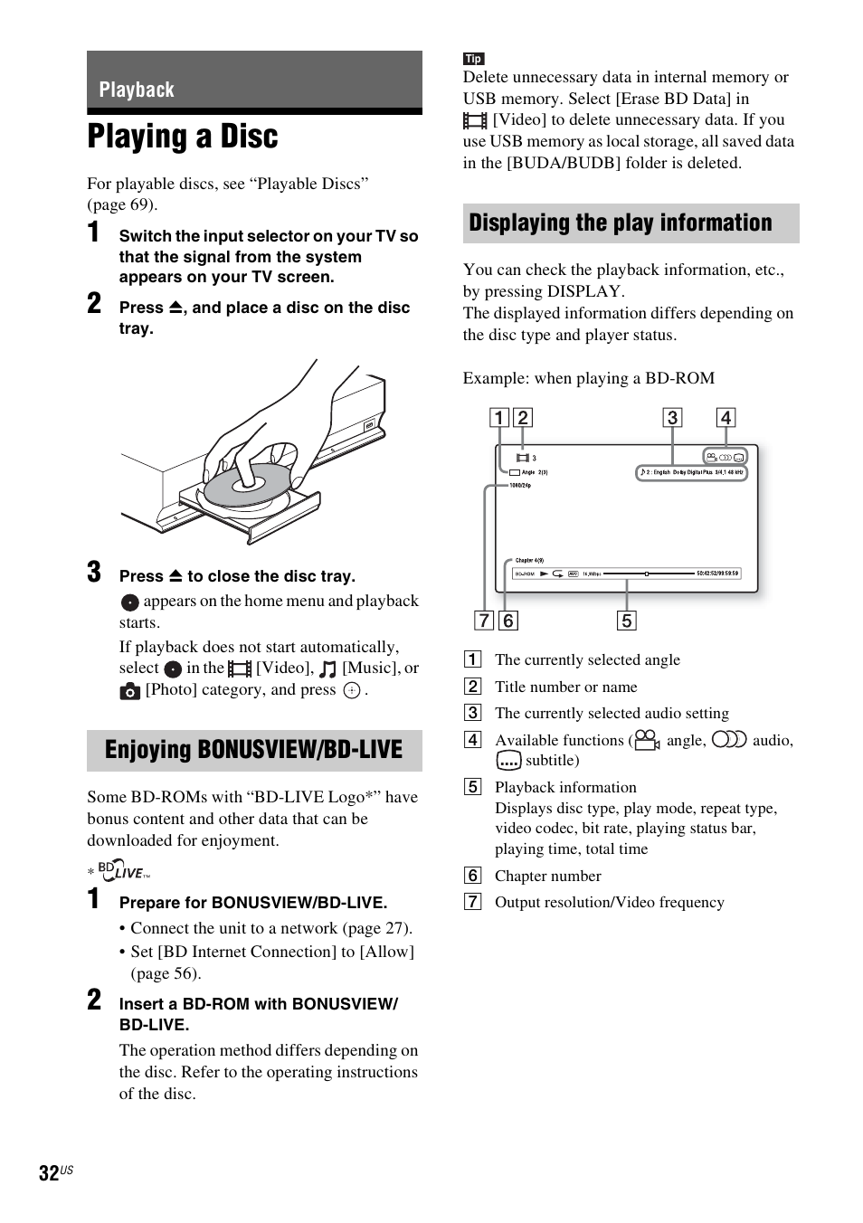 Playback, Playing a disc, Enjoying bonusview/bd-live | Displaying the play information, Es 32 | Sony 4-178-243-1 User Manual | Page 32 / 79