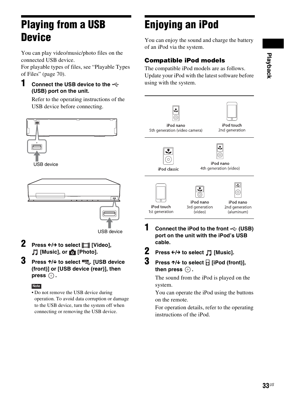 Playing from a usb device, Enjoying an ipod, Playing from a usb device enjoying an ipod | E 33) | Sony 4-178-243-1 User Manual | Page 33 / 79