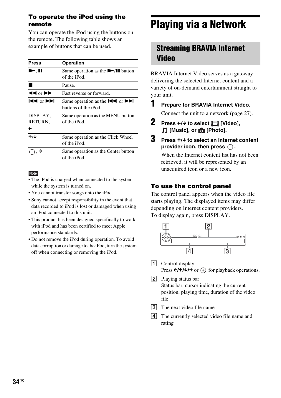 Playing via a network, Streaming bravia internet video | Sony 4-178-243-1 User Manual | Page 34 / 79
