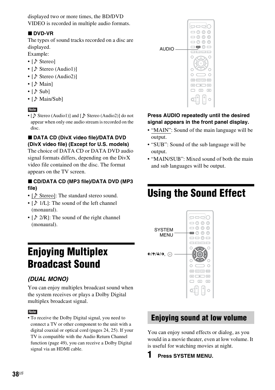 Enjoying multiplex broadcast sound, Using the sound effect, Enjoying sound at low volume | Enjoying multiplex broadcast, Sound, Dual mono) | Sony 4-178-243-1 User Manual | Page 38 / 79