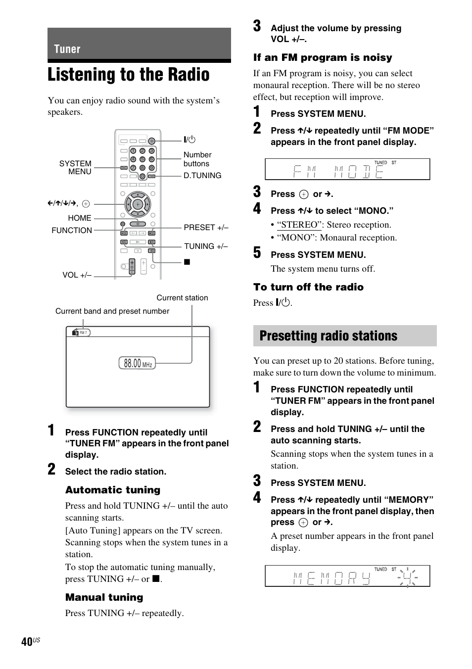 Tuner, Listening to the radio, Presetting radio stations | E 40) | Sony 4-178-243-1 User Manual | Page 40 / 79