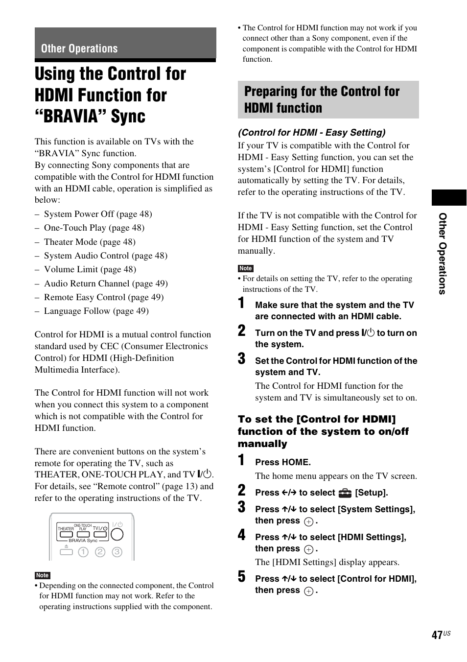 Other operations, Preparing for the control for hdmi function, Using the control for hdmi function for | Bravia” sync | Sony 4-178-243-1 User Manual | Page 47 / 79