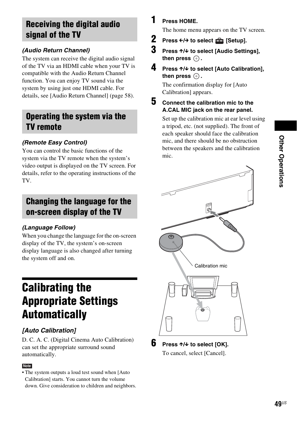 Receiving the digital audio signal of the tv, Operating the system via the tv remote, Calibrating the appropriate settings automatically | Calibrating the appropriate settings, Automatically | Sony 4-178-243-1 User Manual | Page 49 / 79