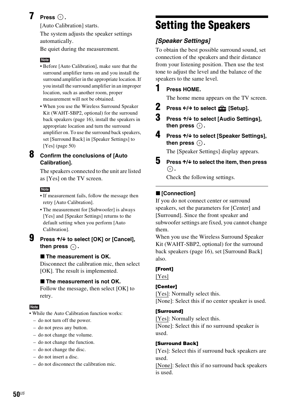 Setting the speakers | Sony 4-178-243-1 User Manual | Page 50 / 79