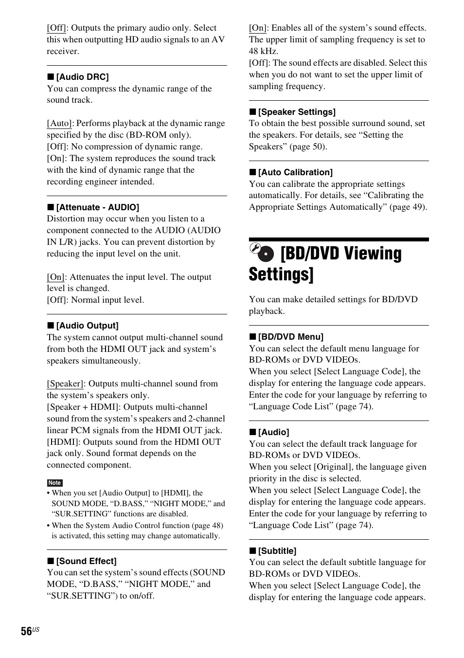 Bd/dvd viewing settings, E 56) | Sony 4-178-243-1 User Manual | Page 56 / 79