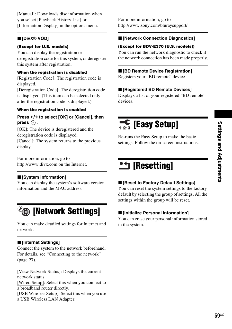 Network settings, Easy setup, Resetting | Network settings] [easy setup] [resetting | Sony 4-178-243-1 User Manual | Page 59 / 79