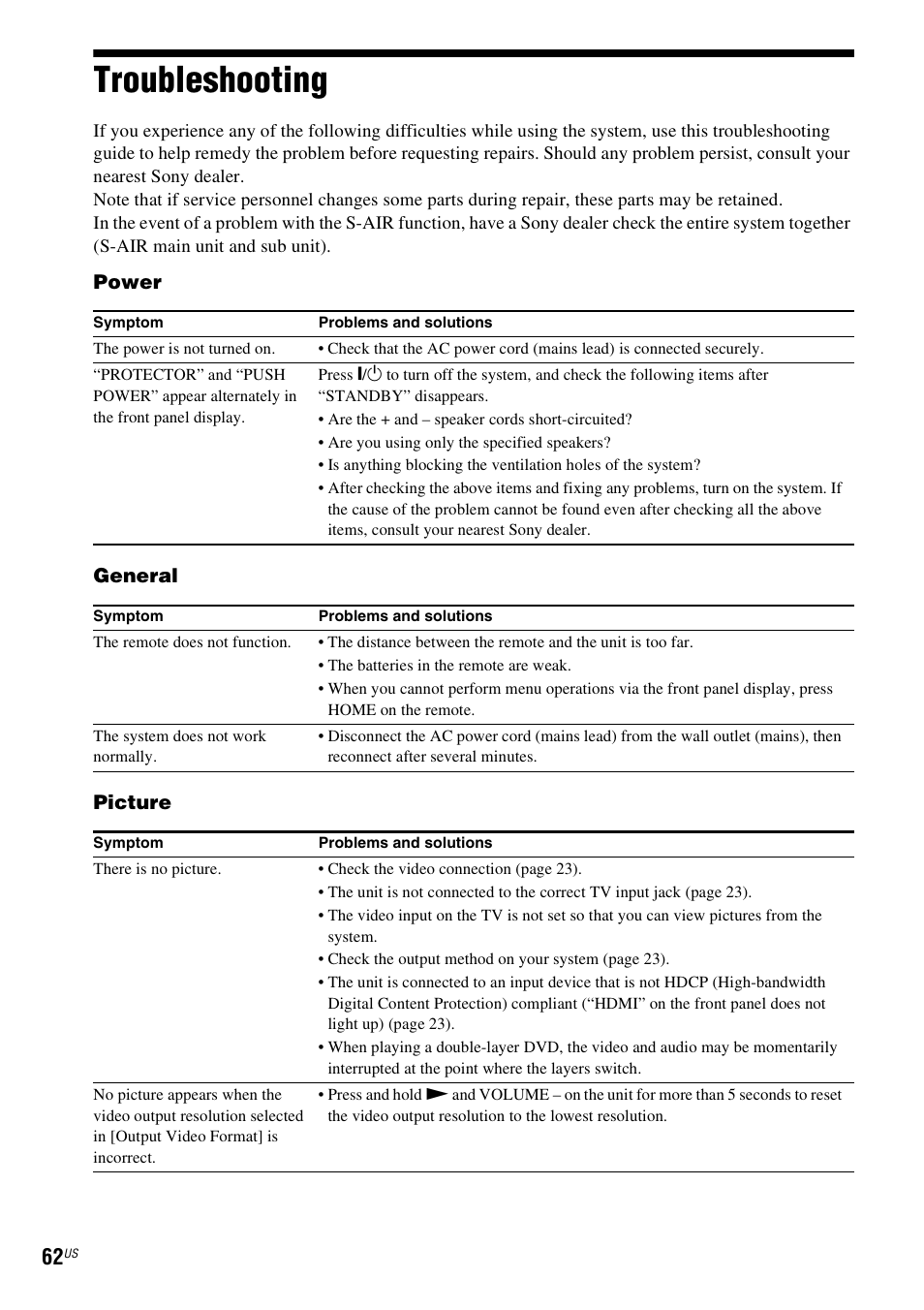 Troubleshooting | Sony 4-178-243-1 User Manual | Page 62 / 79