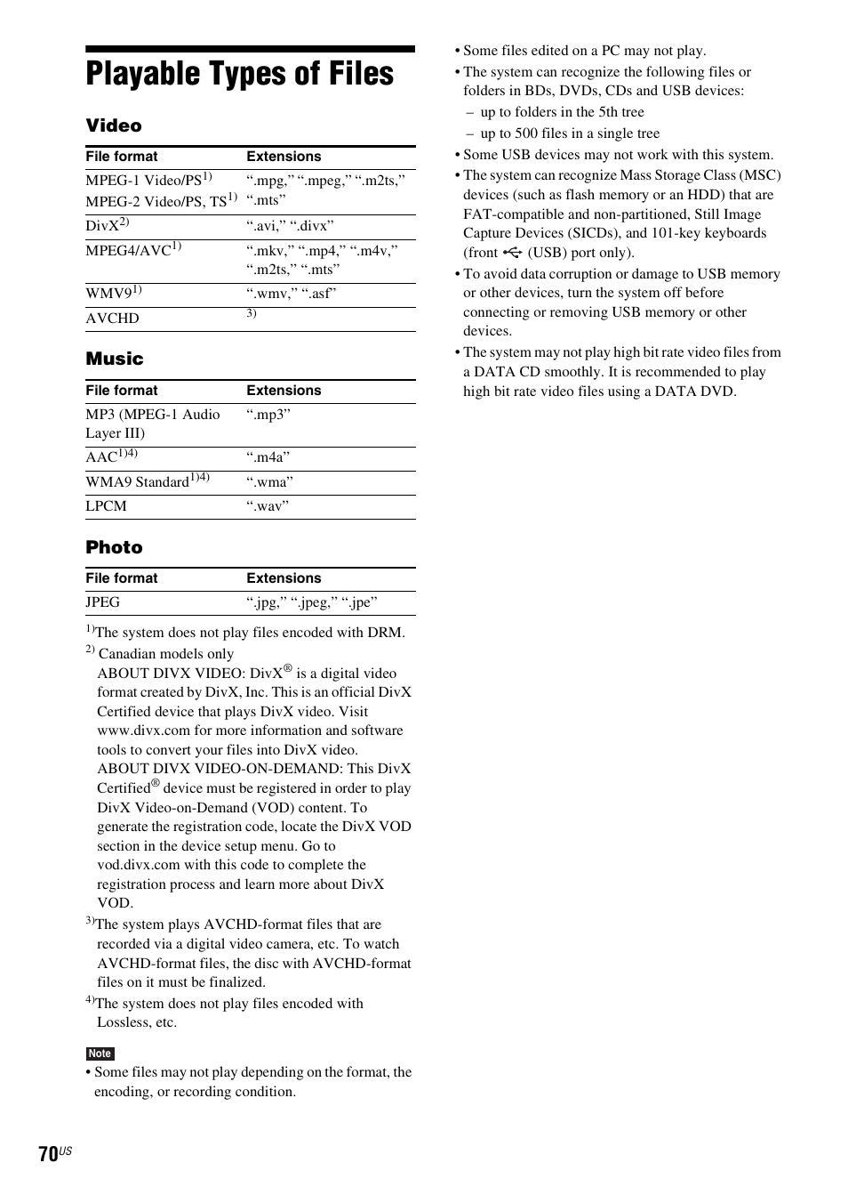 Playable types of files, Video music photo | Sony 4-178-243-1 User Manual | Page 70 / 79