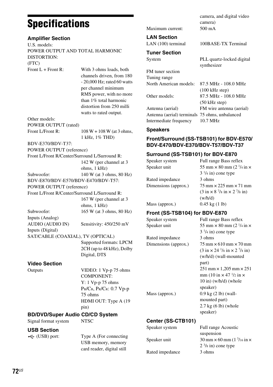 Specifications | Sony 4-178-243-1 User Manual | Page 72 / 79