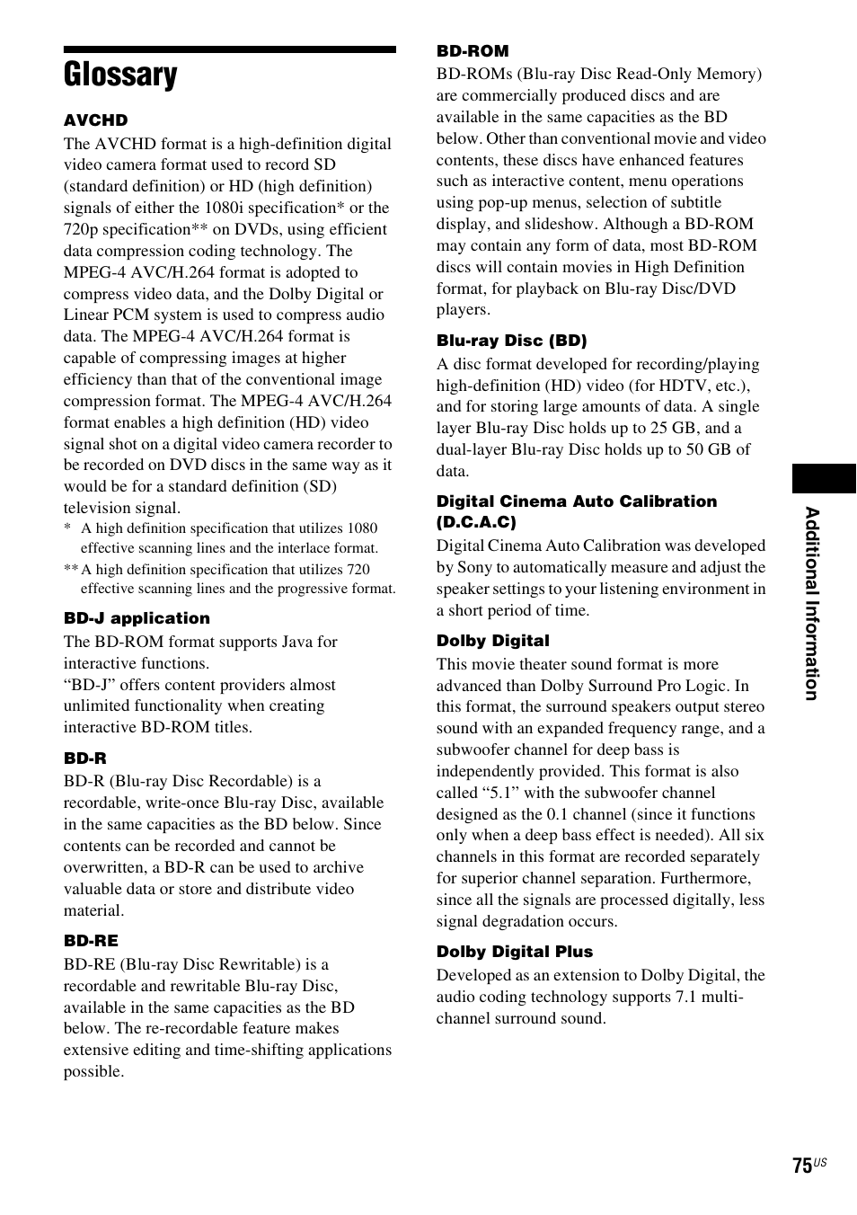 Glossary | Sony 4-178-243-1 User Manual | Page 75 / 79