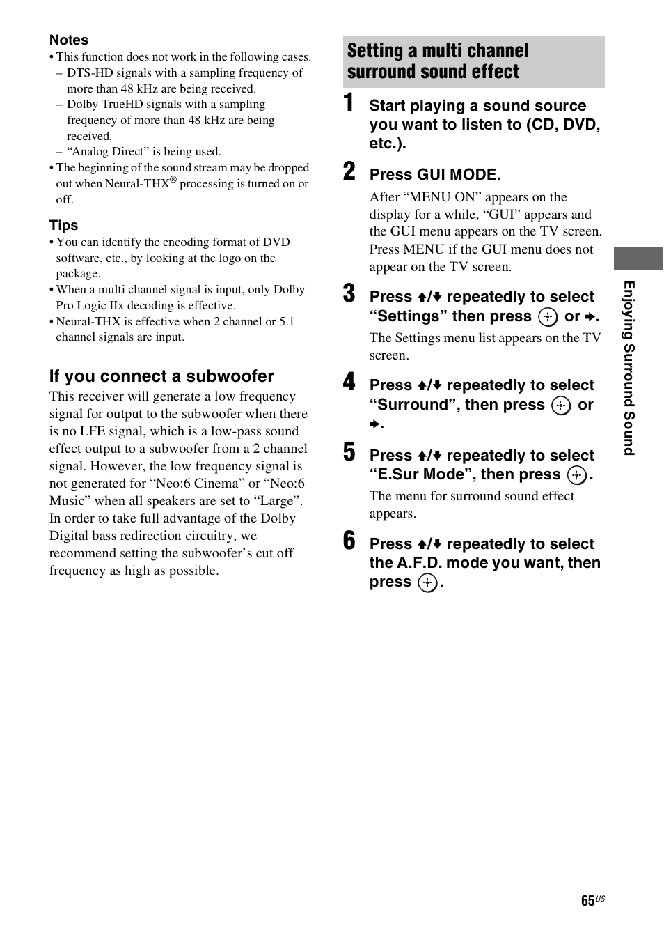 Setting a multi channel surround sound effect | Sony STR-DN1000 User Manual | Page 65 / 136