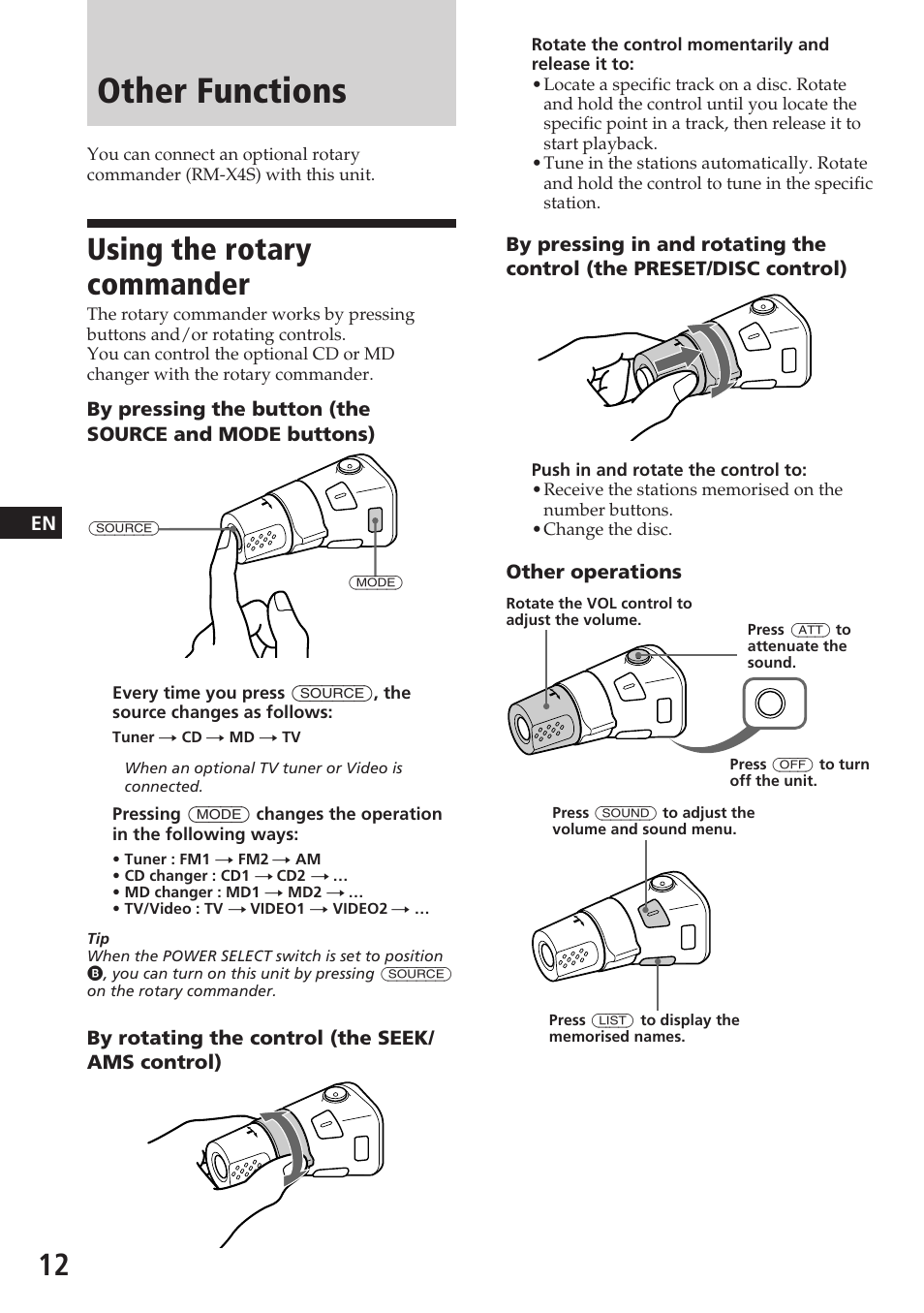 Other functions, Using the rotary commander | Sony CDX-C580 User Manual | Page 12 / 28