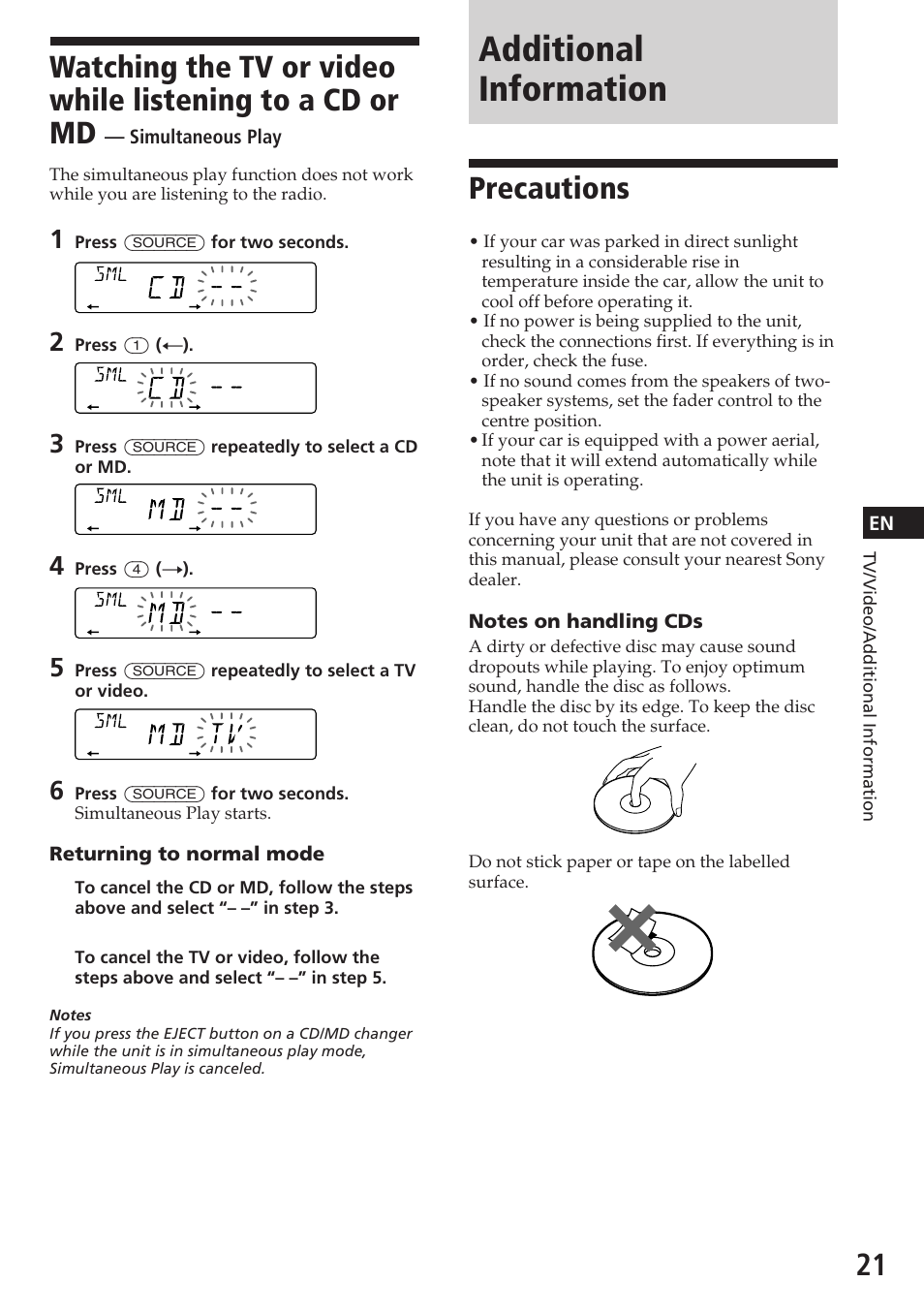 Additional information, Precautions | Sony CDX-C580 User Manual | Page 21 / 28
