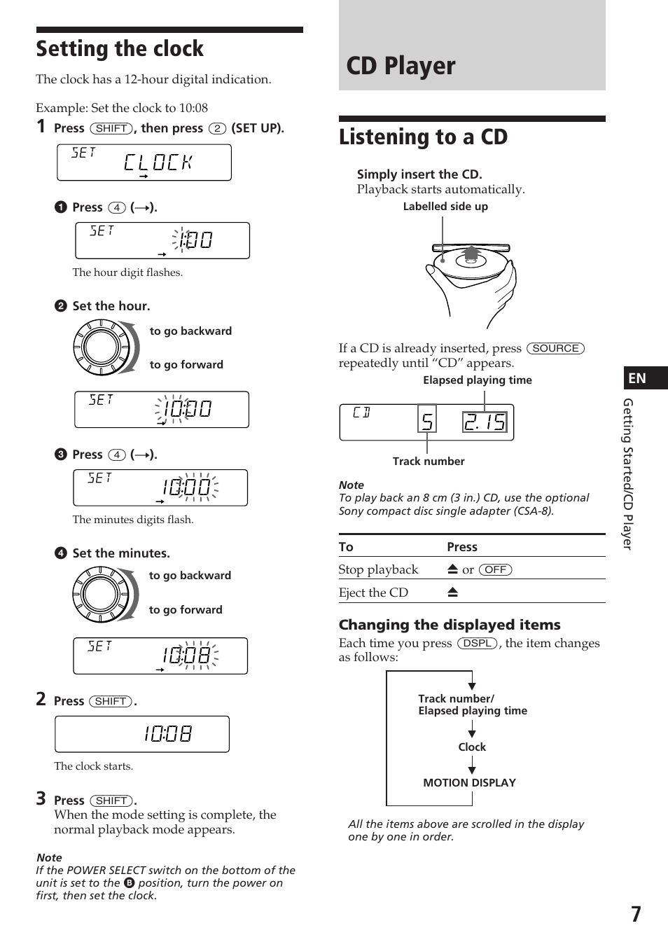 Cd player, Setting the clock, Listening to a cd | Clock, 1ooo, 1oo8 | Sony CDX-C580 User Manual | Page 7 / 28