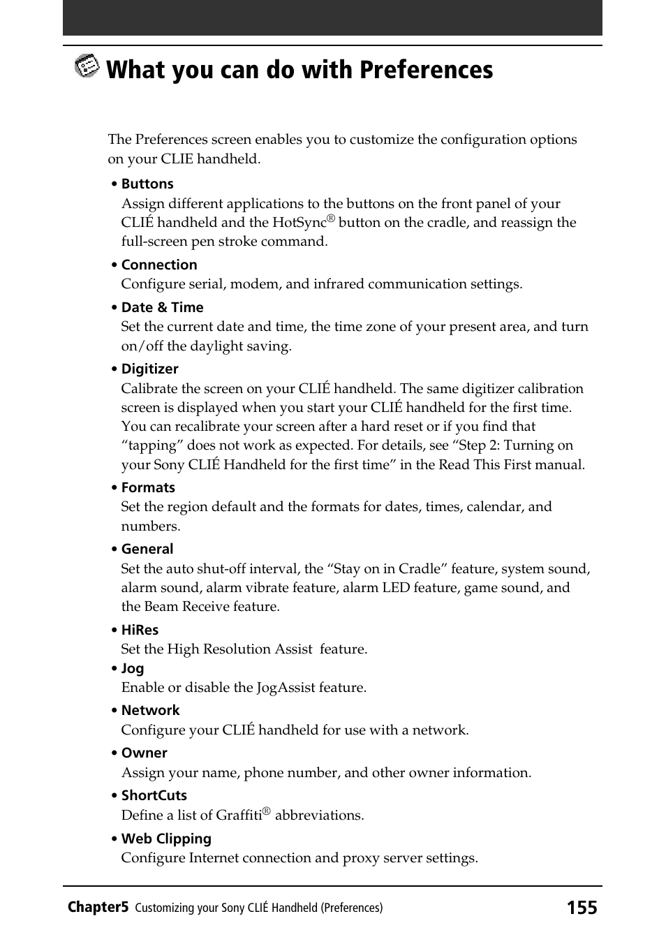 What you can do with preferences, What you can do with preferences155 | Sony PEG-T415 User Manual | Page 155 / 223