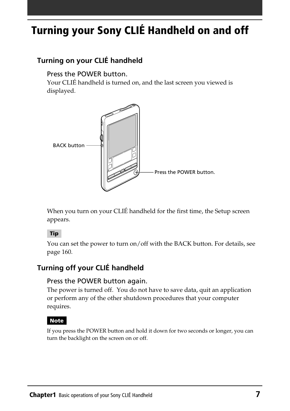 Turning your sony clié handheld on and off | Sony PEG-T415 User Manual | Page 7 / 223