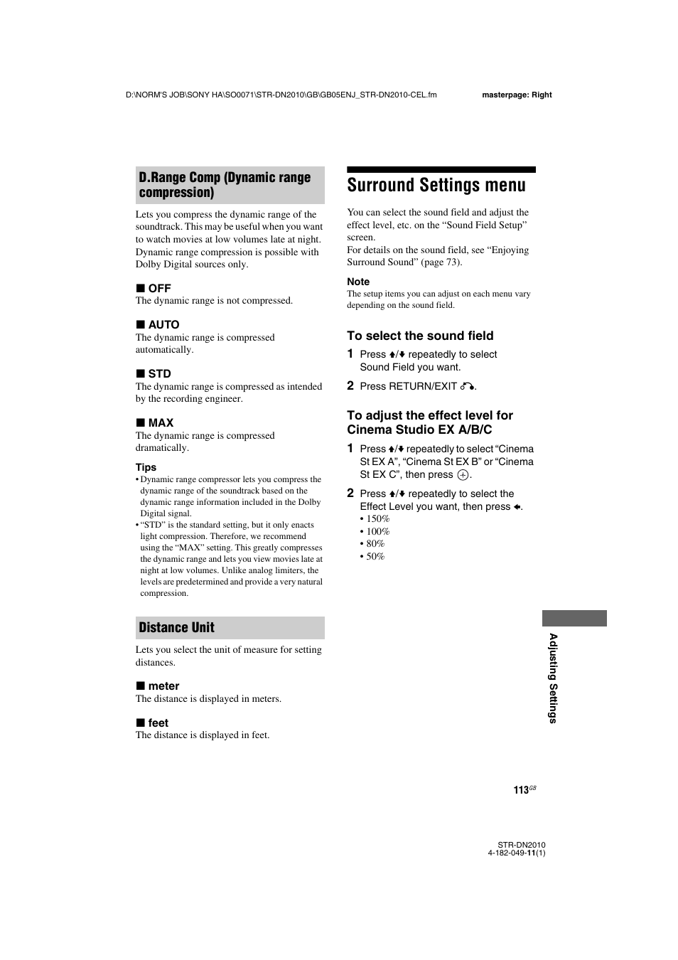 Surround settings menu | Sony STR-DN2010 User Manual | Page 113 / 152