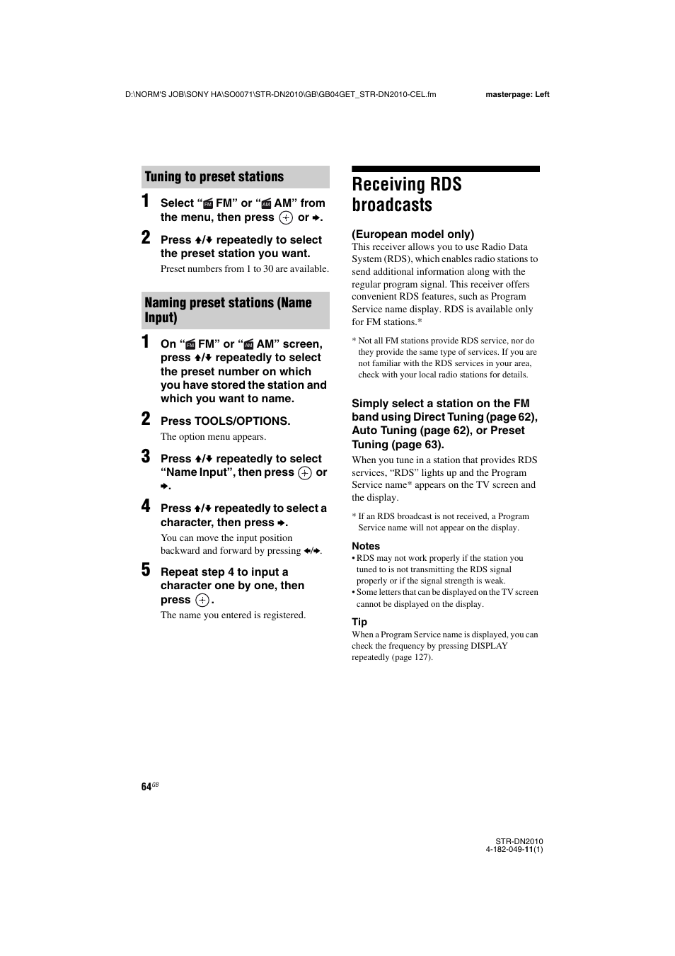 Receiving rds broadcasts, European model only) | Sony STR-DN2010 User Manual | Page 64 / 152