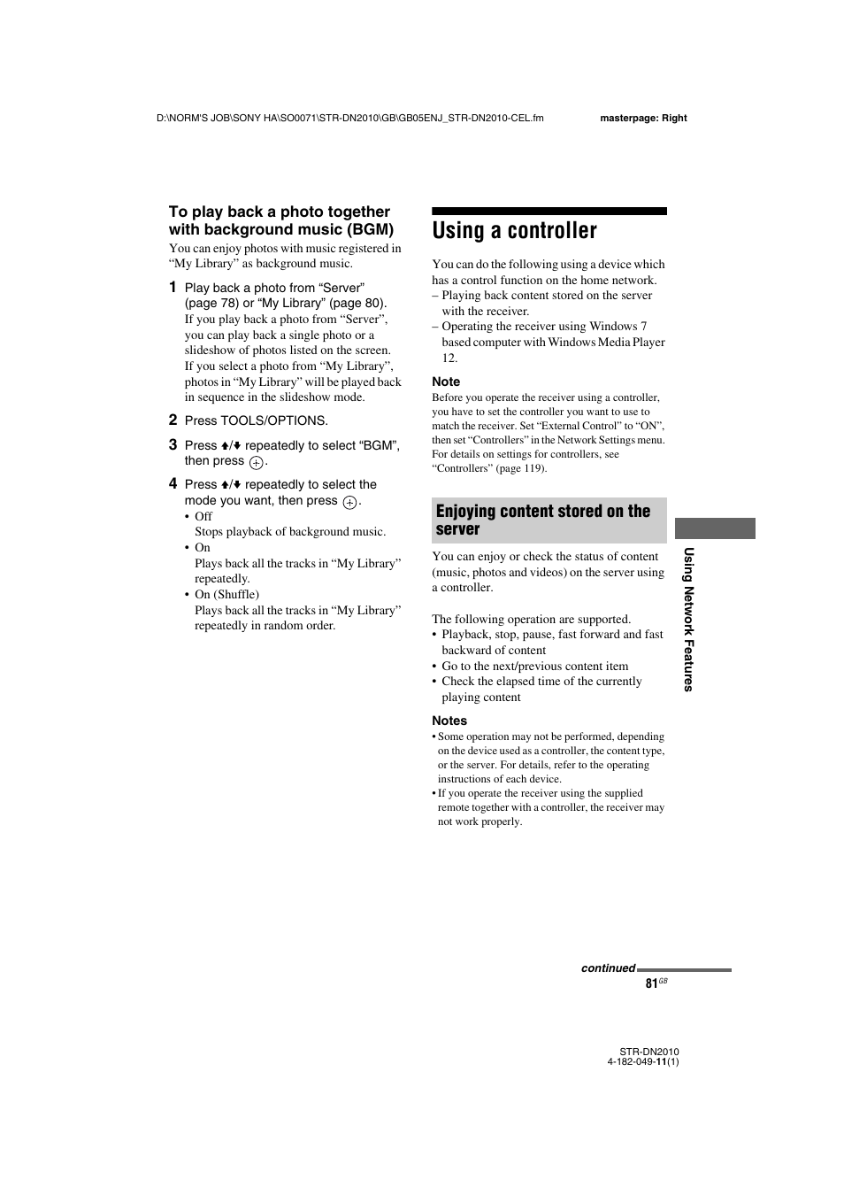 Using a controller, Enjoying content stored on the server | Sony STR-DN2010 User Manual | Page 81 / 152