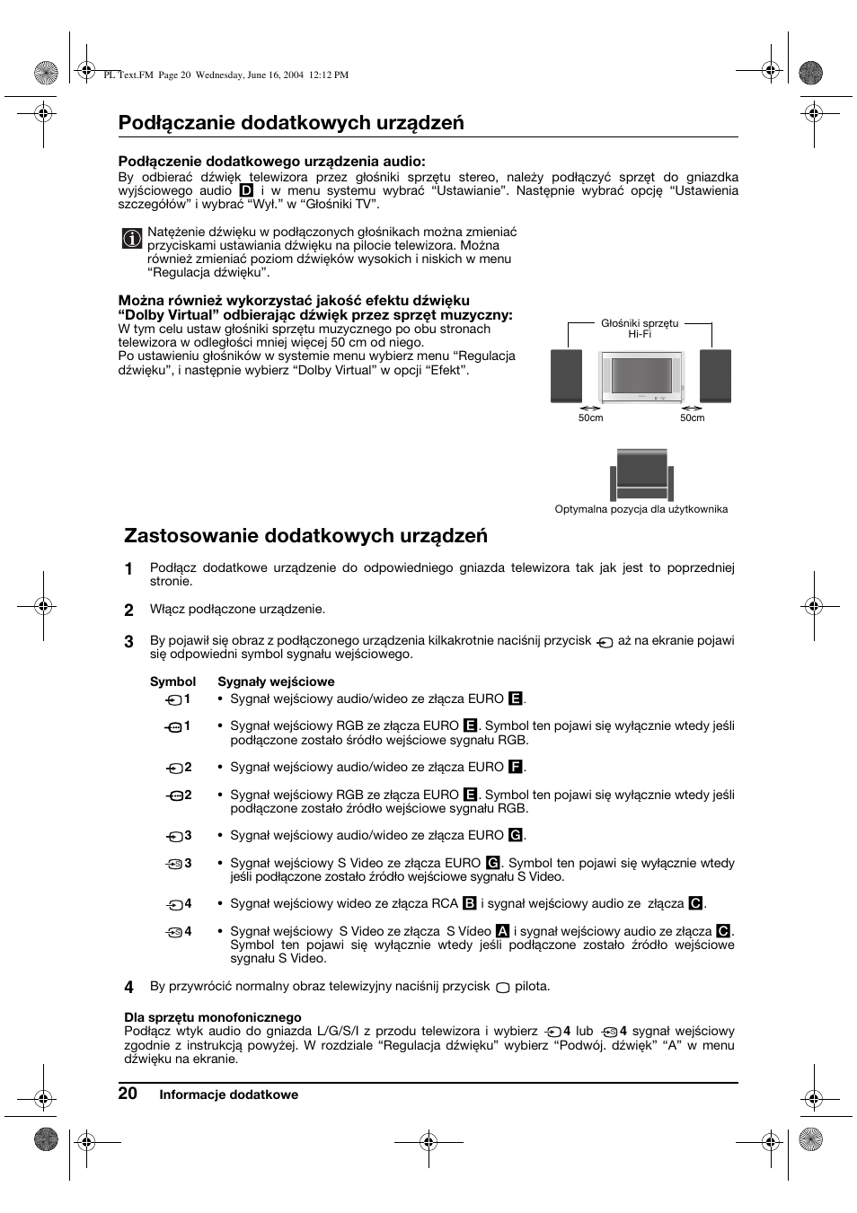 Podłączanie dodatkowych urządzeń, Zastosowanie dodatkowych urządzeń | Sony FD Trinitron WEGA KV-28CS70K User Manual | Page 108 / 136