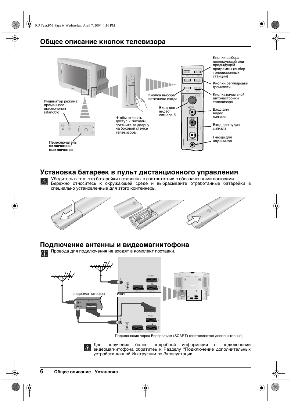Общее описание кнопок телевизора, Подлючение антенны и видеомагнитофона | Sony FD Trinitron WEGA KV-28CS70K User Manual | Page 116 / 136