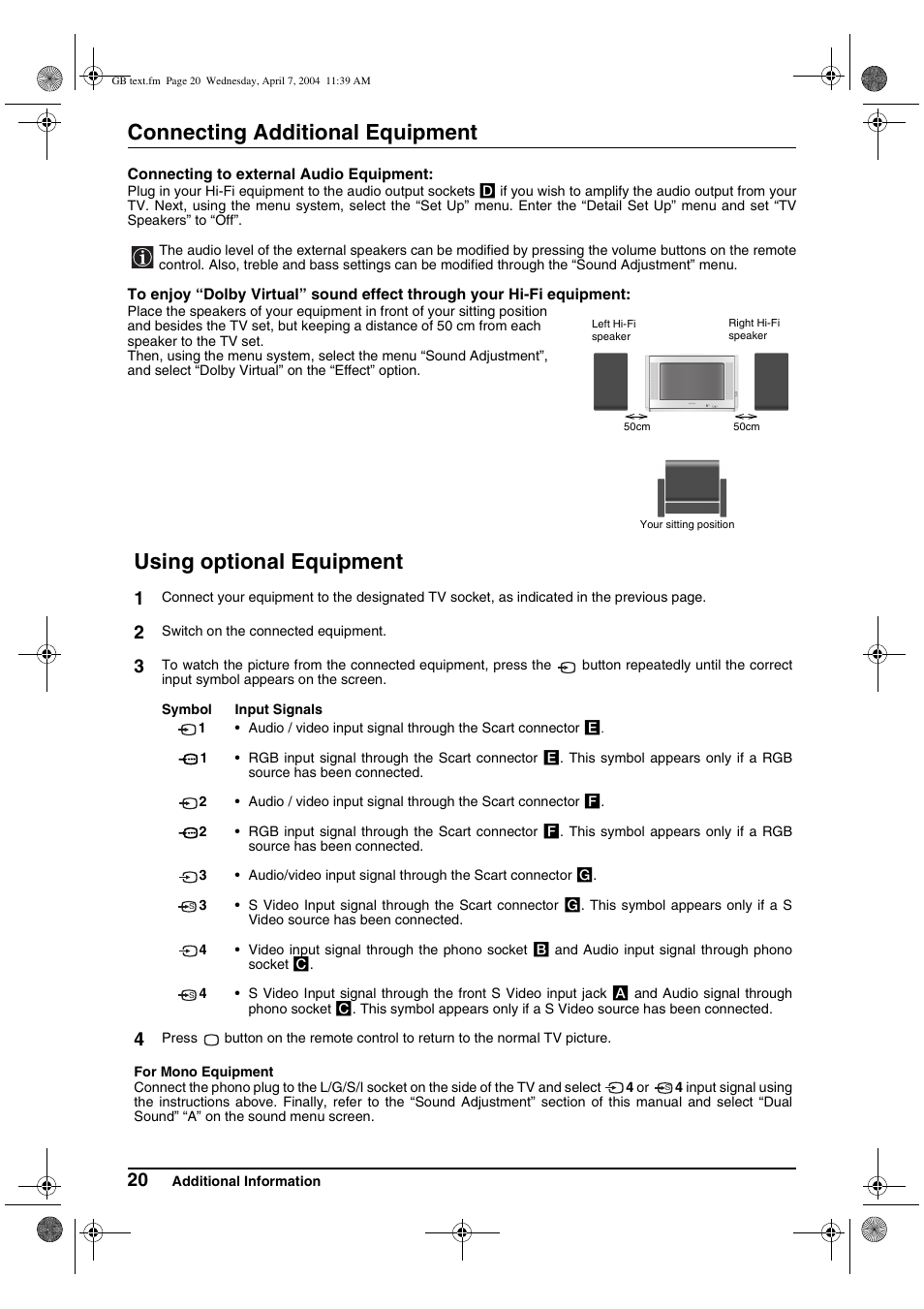 Connecting additional equipment, Using optional equipment | Sony FD Trinitron WEGA KV-28CS70K User Manual | Page 20 / 136