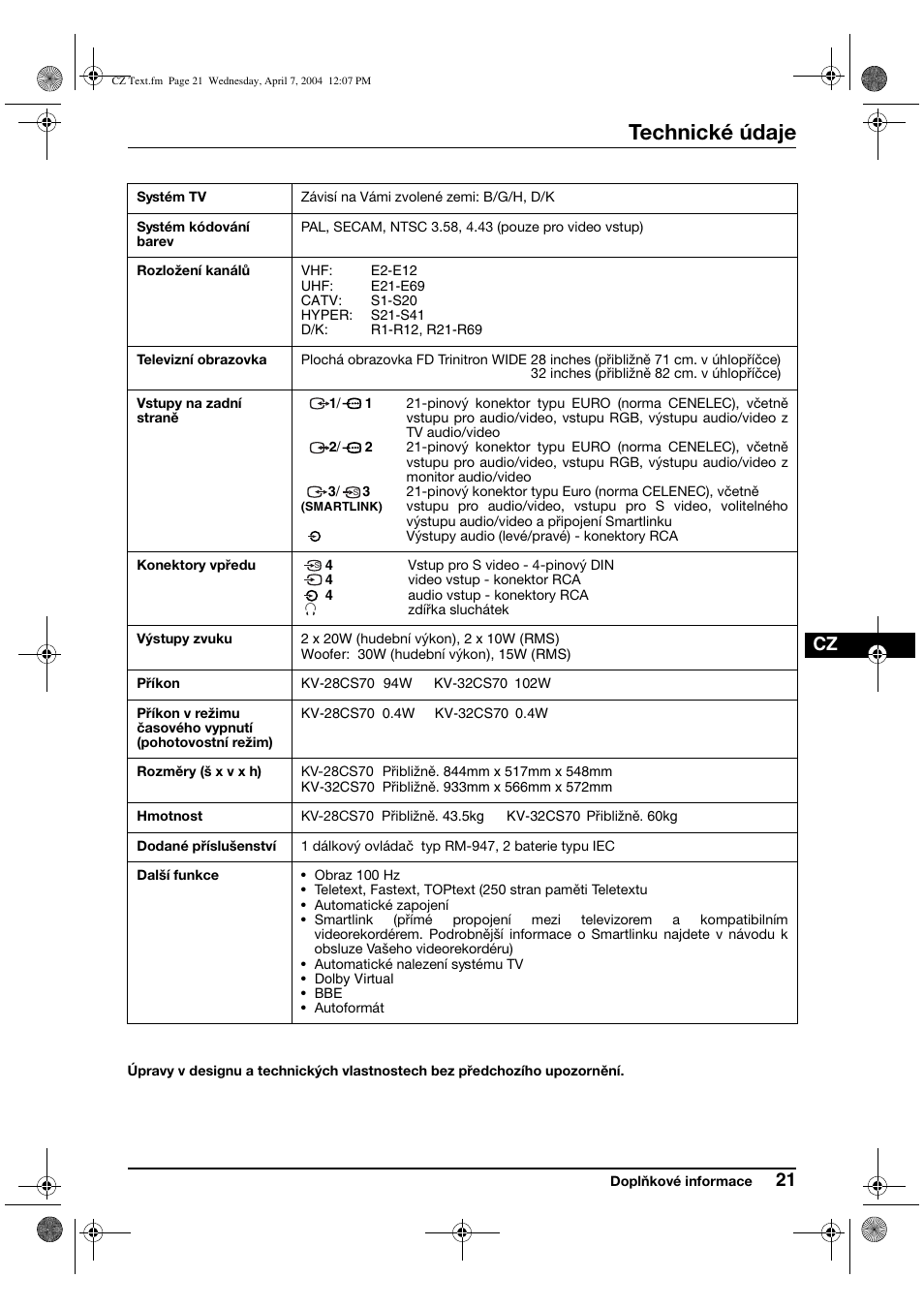 Technické údaje | Sony FD Trinitron WEGA KV-28CS70K User Manual | Page 65 / 136